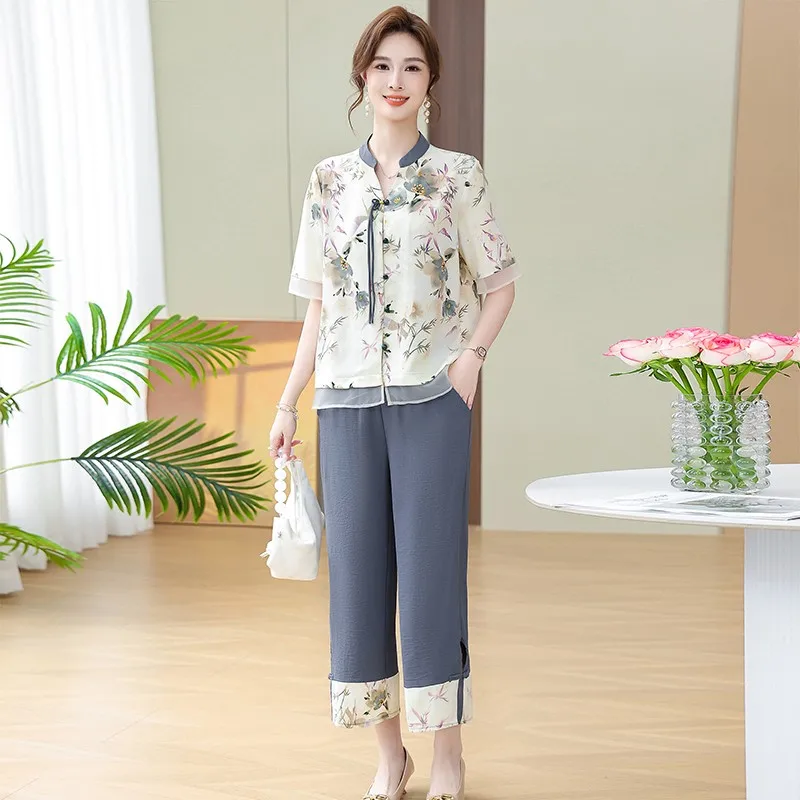 

Women's Printed Casual Suit Summer Asian Style Loose Thin Close The Waist Corp Top And Wide Leg Pants Two Piece Set For Women