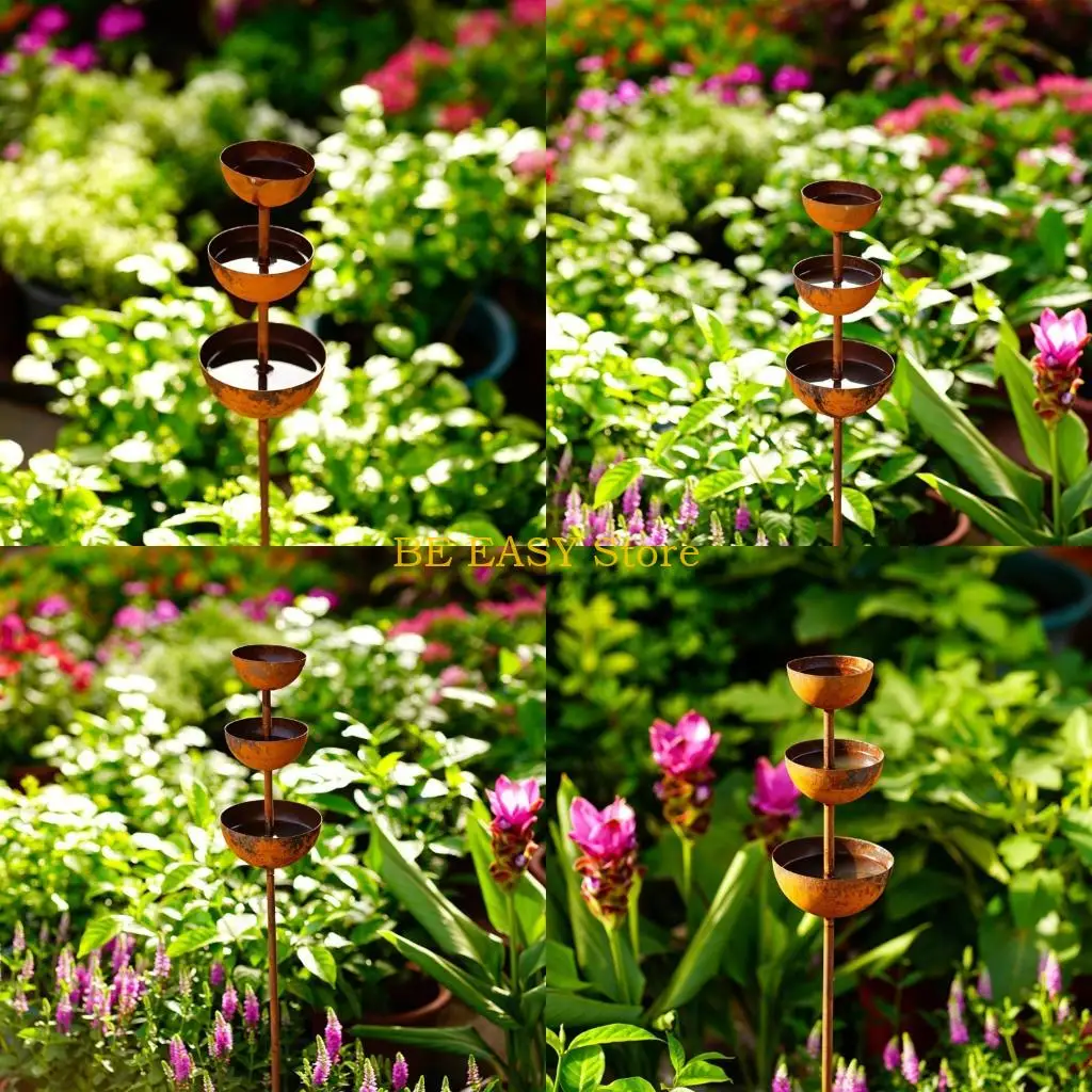 

E28F Metal Bird Bath Iron Garden Rain Catching Garden Stake Decorative Bird Water Dispenser Courtyard Decoration