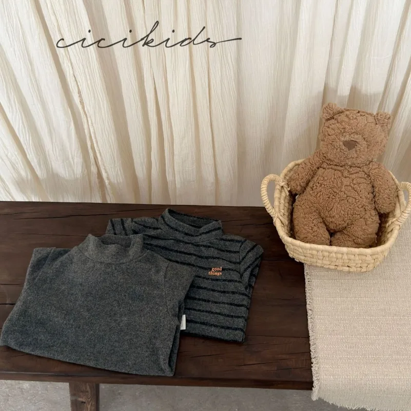 spring Autumn Korean style casual half high neck knitted base shirt with striped cartoon T-shirt for boys girls