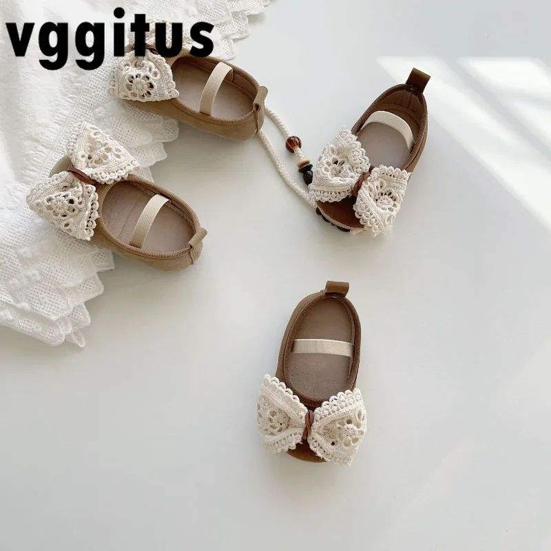 Baby Girls Sweet Lace Bow Flats Spring Autumn Khaki Coffee Elastic Non-Slip Soft Sole Baby Dress Shoes for Daily Party X9381
