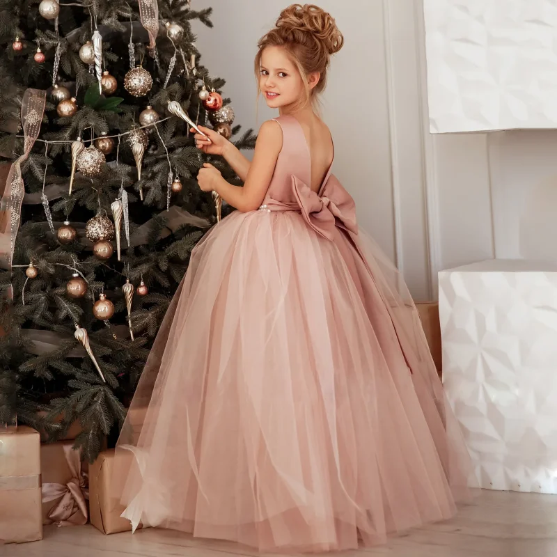 

Customized Flower Girls Dress Dusty Pink Pearls Belt With Bow For Wedding Birthday Banquet Prom Ball Holy Communion Gowns