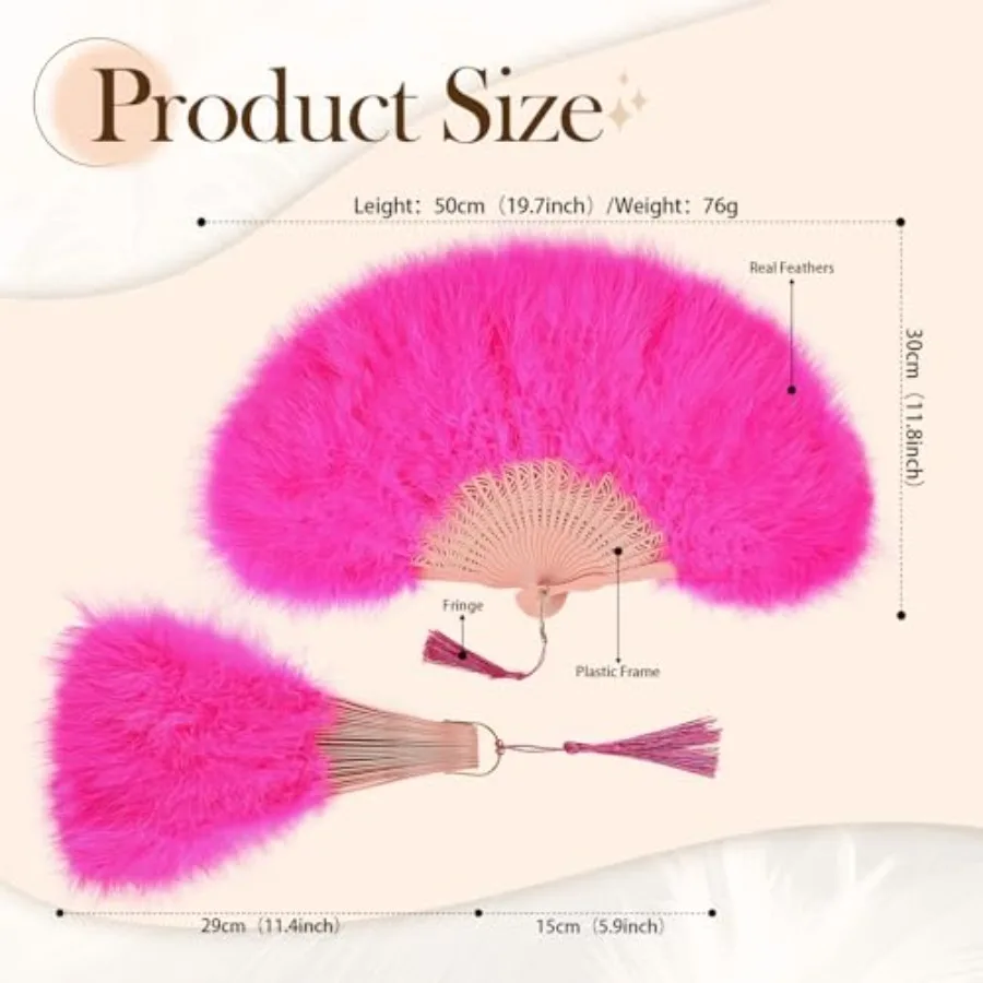 Vintage Feather Hand Fan, 17.7 x 11.8 Inch, Marabou Feathers, 1920s Style for Costume Parties, Tea Parties