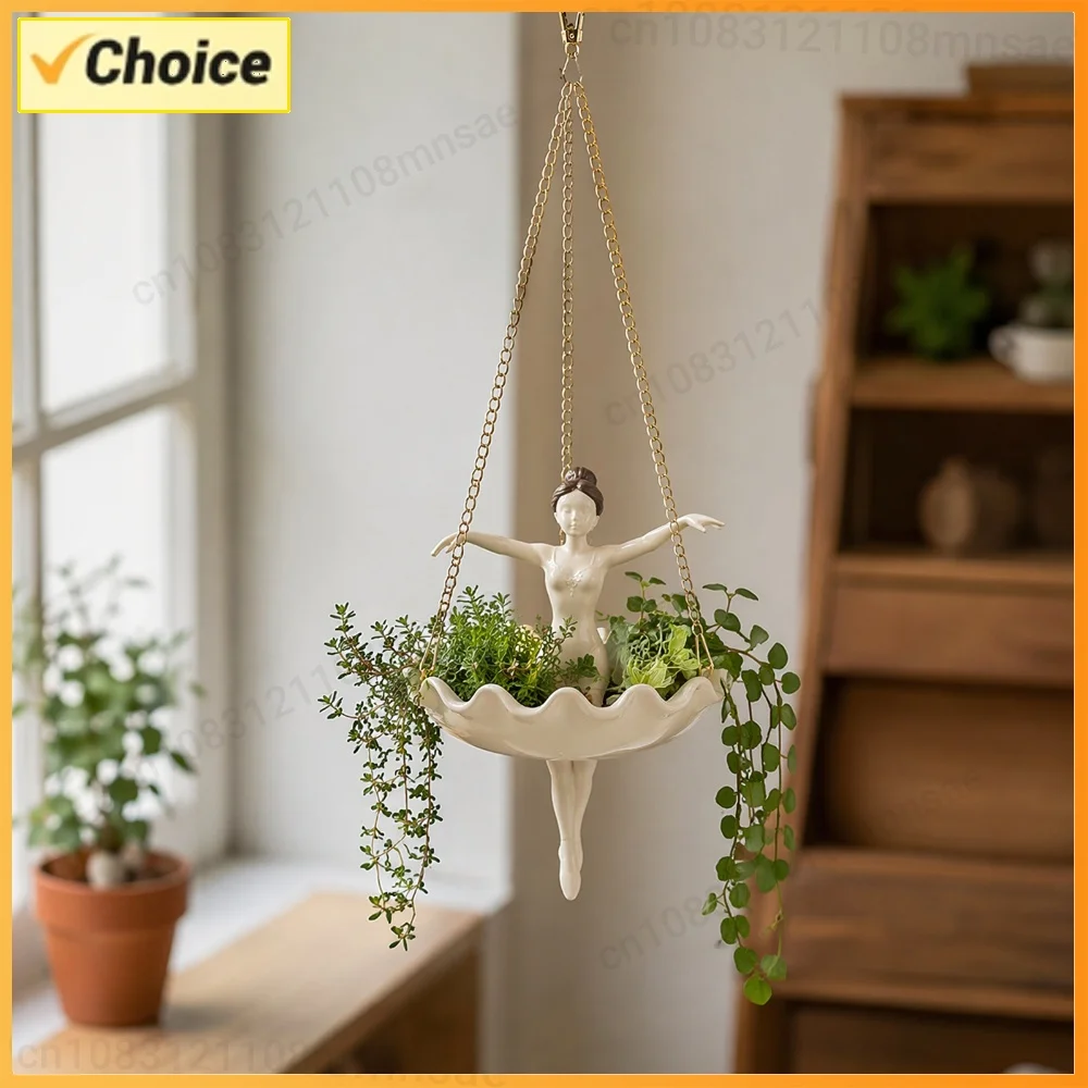 Resin Ballet Dancer Hanging Planter Elegant Ballerina Figure Hand Carved Fairy Flower Pot Whimsical Flower Holder for Vine Decor