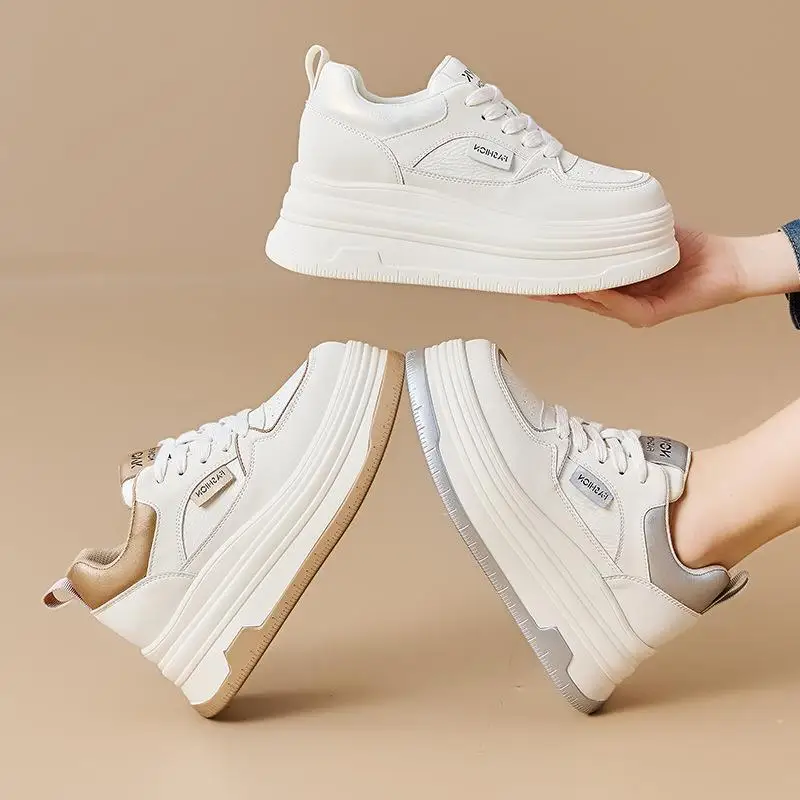 

Elevated Thick Bottom Genuine Leather Sneakers Women's Casual Slip-On Shoes Korean Style Flat Knots PU Outsole Mesh