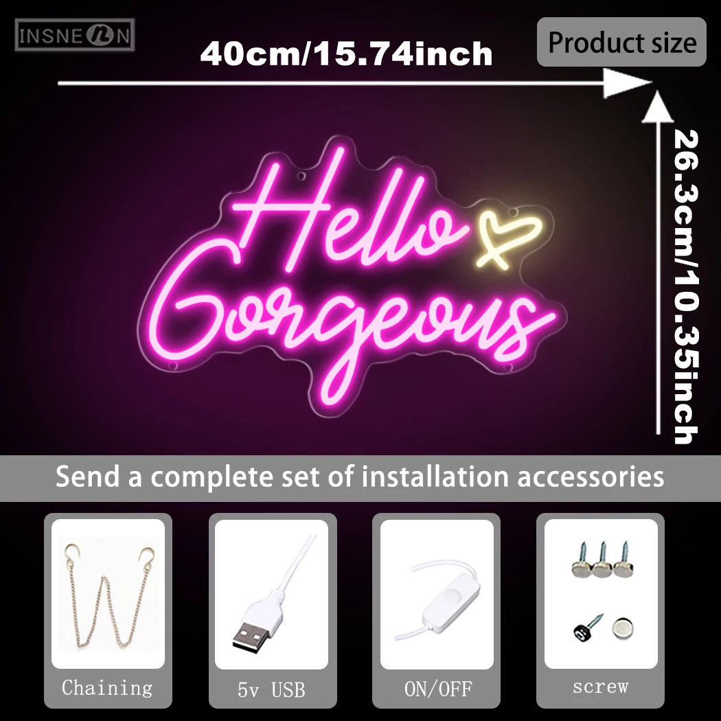 Hello Gorgeous Pink Neon Sign Bright LED USB for Weddings Birthdays Bachelorette Engagement Parties Bar Restaurant Decoration