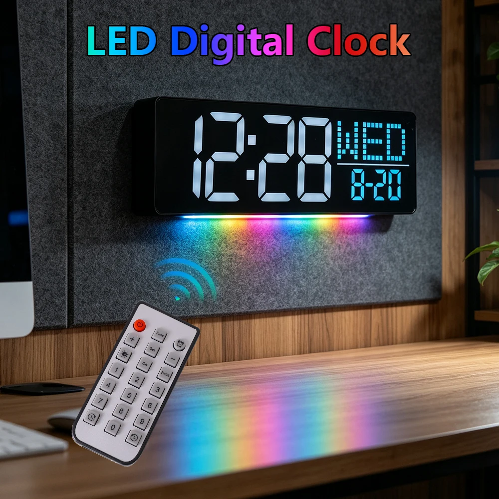 An LED digital clock with eight alarm event groups, supporting single day/workday-weekend/daily alarm options. The ambient light