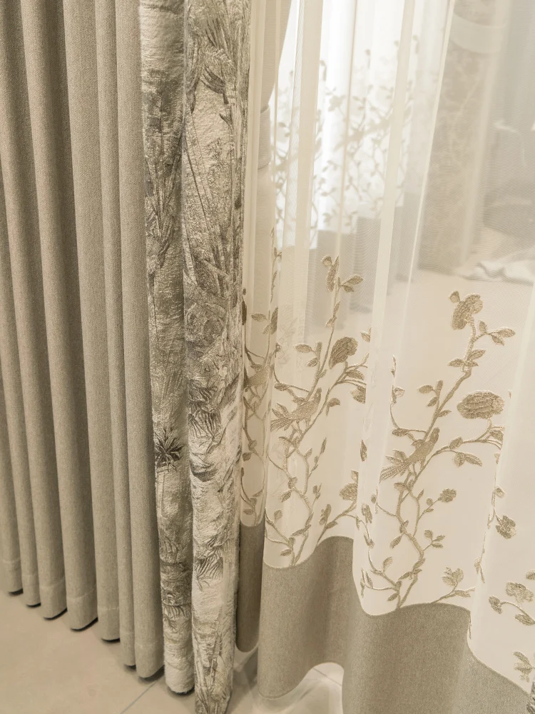 Chinese Landscape Painting Milk Tea Color Window Screen Jacquard Chenille Splicing Curtains for Living Room Study Bedroom French