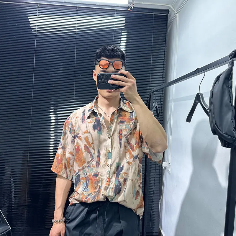 Dark Style High-Grade Retro Tie-Dyed Distressed Shirt Men's Short Sleeve Loose Lapels Vacation Casual Fashion