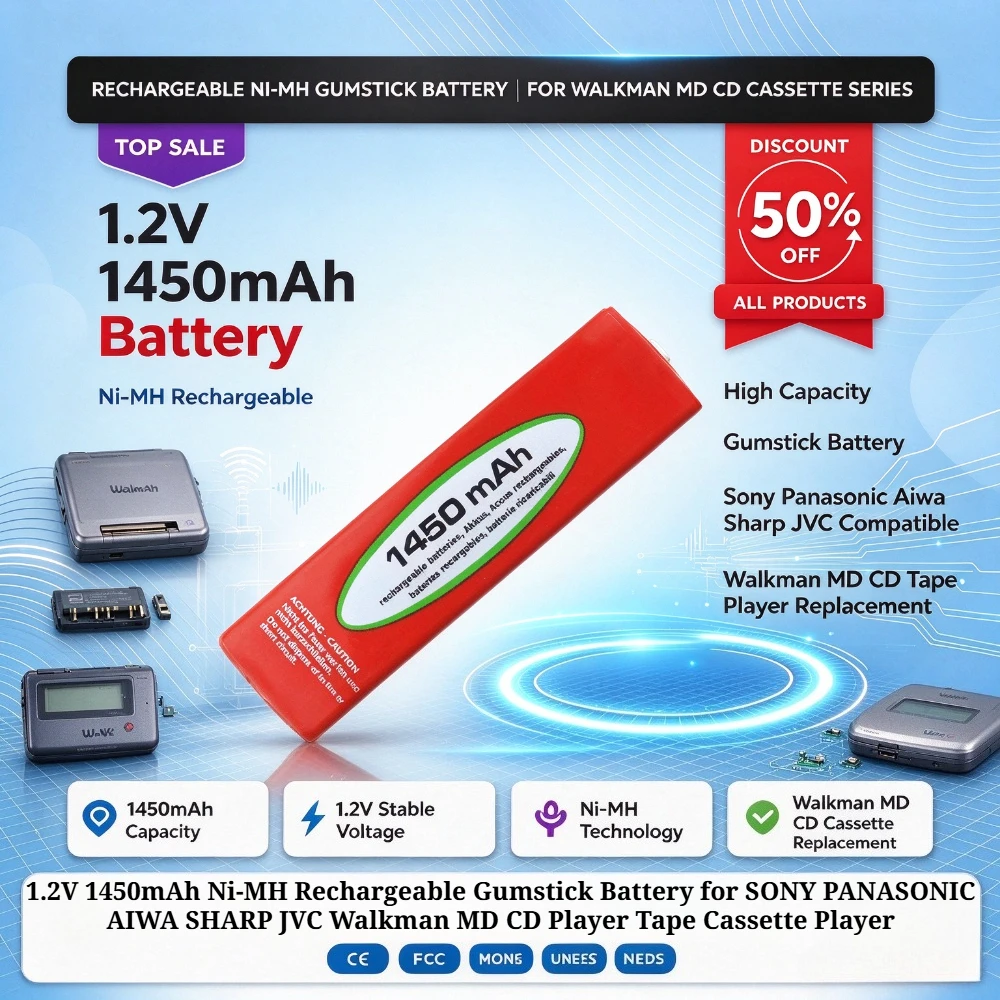 1.2V 1450mAh Ni-MH Rechargeable Gumstick Battery for SONY PANASONIC AIWA SHARP JVC Walkman MD CD Player Tape Cassette Player