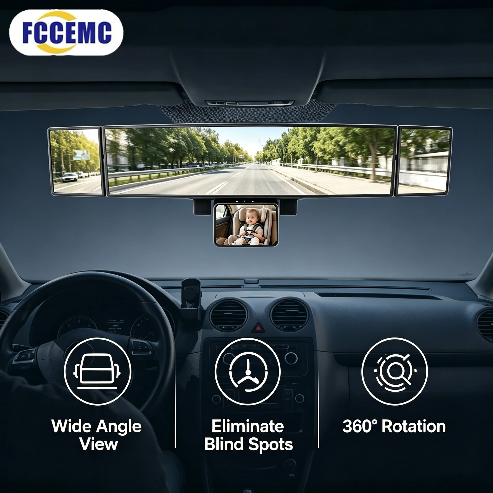 Clip‑on Car Rear View Mirror Convex Wide Angle 360° Rotatable Adjustable Multi‑Panel Interior Rearview Mirror Auto Accessories