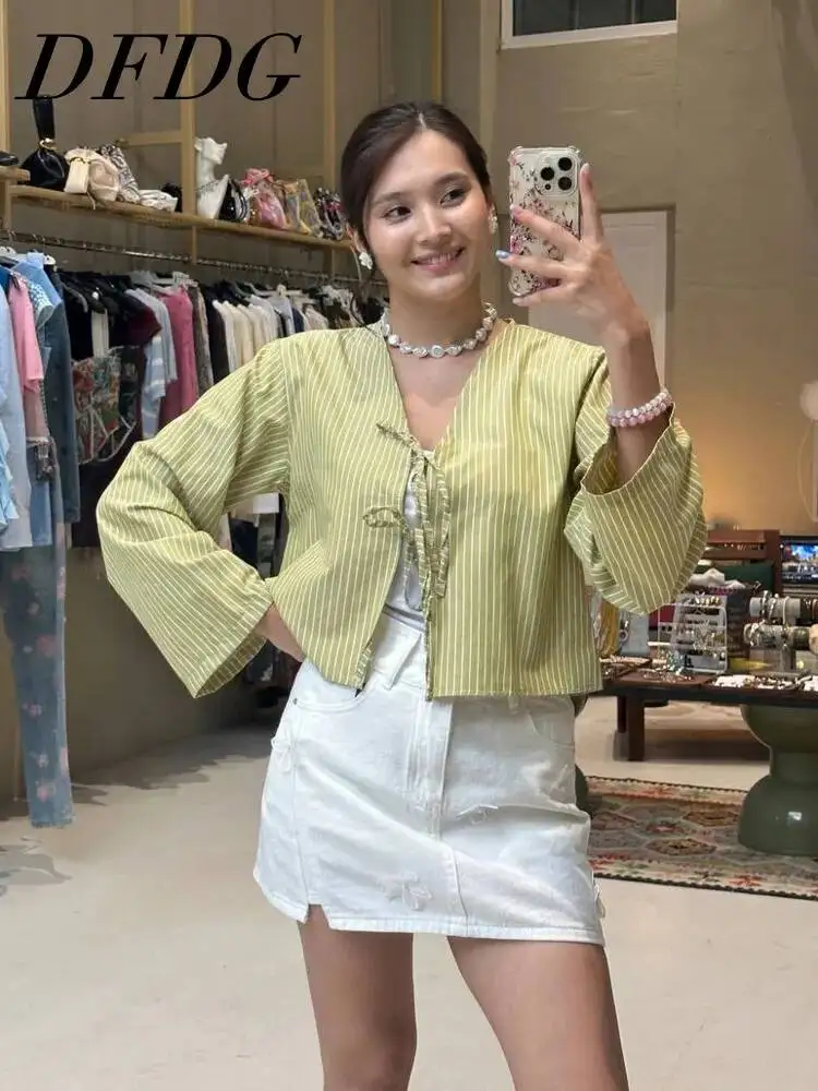 

DFDG Women 2026 Spring Summer Striped Blouse V Neck Frog Button Tie Front Cropped Long Sleeve Casual Loose Fit Blouse