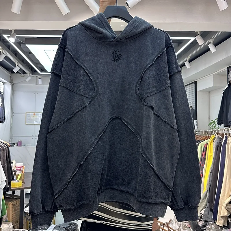 Vintage Washed Patchwork Hoodies Men Women Embroidered  Top Hood Oversize Pullovers Reverse Design  Hoodie