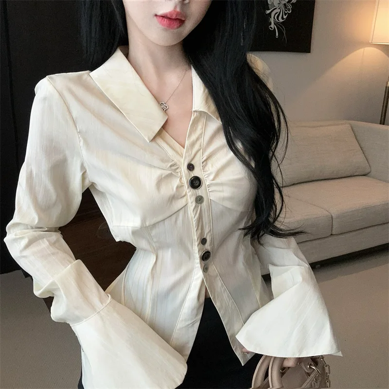 เสื้อเชิ้ตแขนยาวผู้หญิง ผ้าซาตินลายจุด ติดกระดุม สไตล์หวานละมุนแบบฝรั่งเศสย้อนยุค สำหรับวัยรุ่น ฤดูใบไม้ร่วง เสื้อผ้าสำหรับใส่ทำงาน