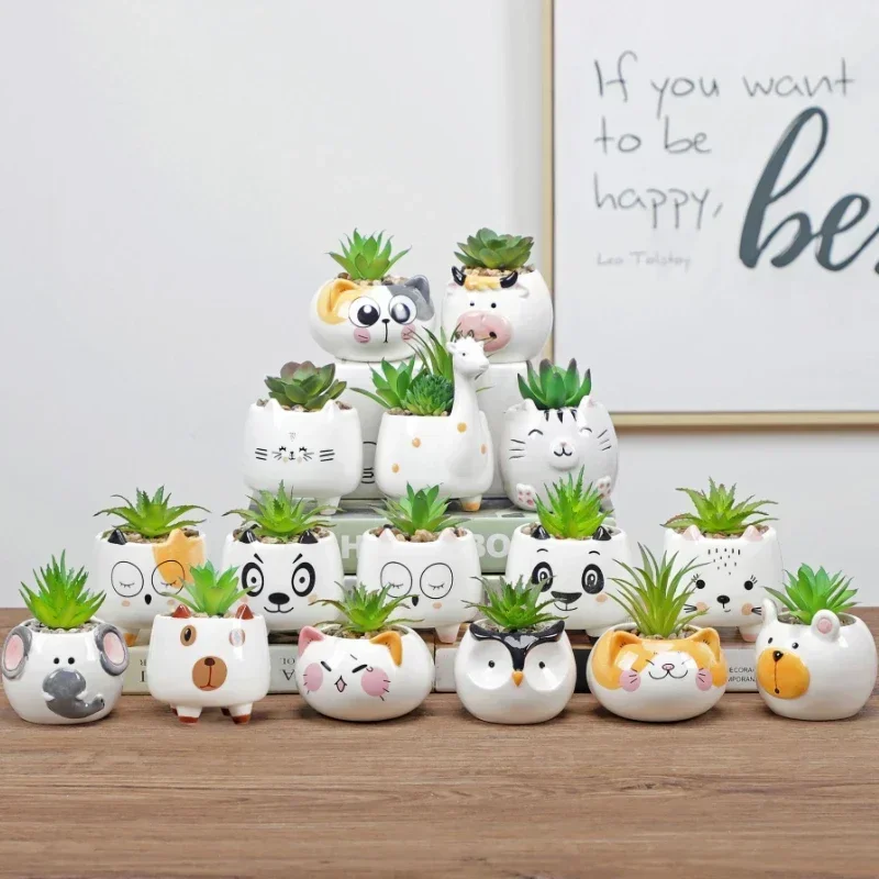 Nordic New Style Ceramic Animal Flower Pot Cartoon Cute Cat Cow Head Mini Planters Succulents Plants Bonsai Pots Home Decoration