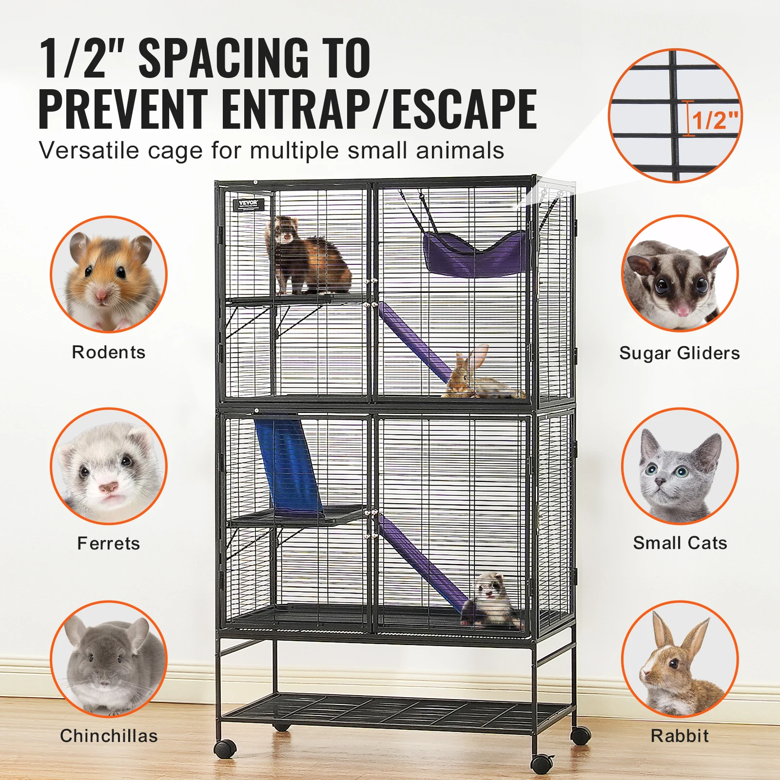 VEVOR 64.6" Rolling Metal Ferret Cage Large 4-Tier Critter Nation Cage Small Animal Cage for Pet Rats Hamster Guinea Chinchilla