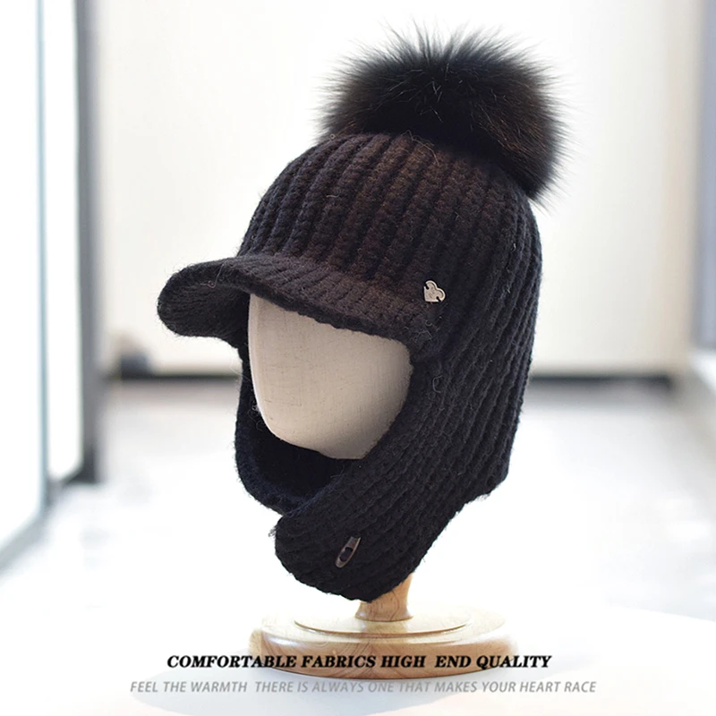 Topi Earflap Cap Visor Wanita Musim Dingin Rajutan Bulu Rubah Asli Pompom Aksesori Hangat Untuk Cuaca Dingin Musim Gugur Olahraga Ski Luar Ruangan