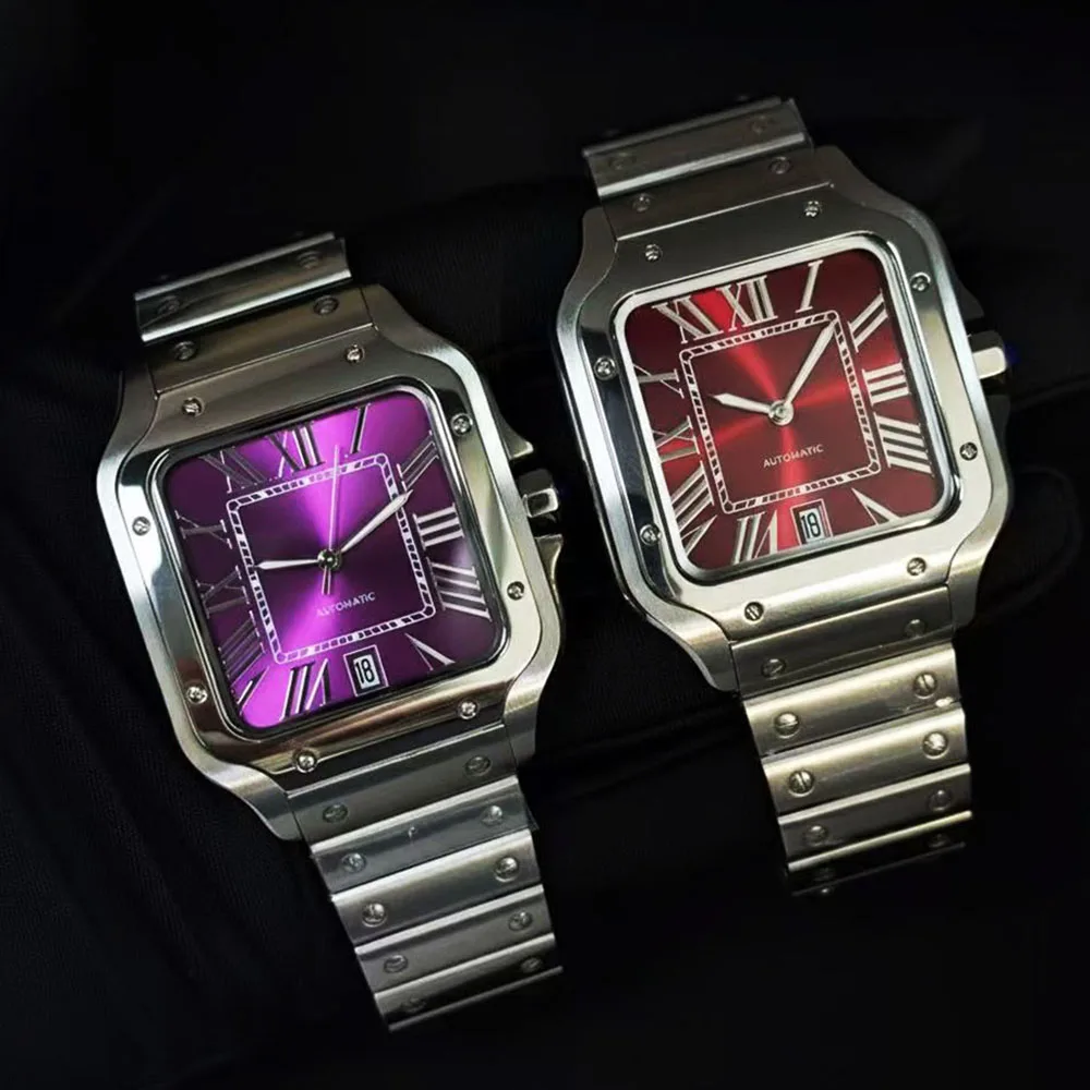 NEW NH35 Watch Wine Red/Purple Square Watch Men's High Quality Stainless Steel Watch Custom Logo NH35 Movement Watch Accessories
