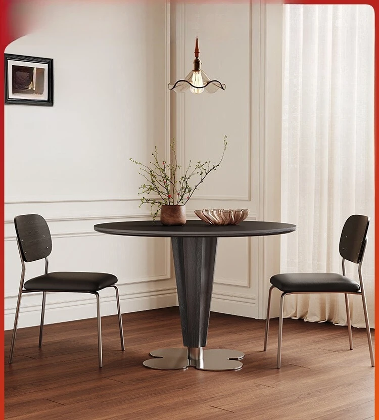 

Solid wood round table dining table household small apartment modern simple negotiation table French medieval black rock