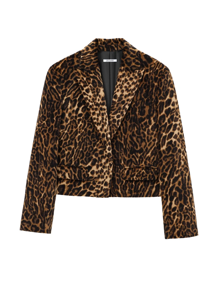 KAOPU ZA Women animal print velvet oversize crop blazer or high-waist side zip mini skirt two pieces sets mujer