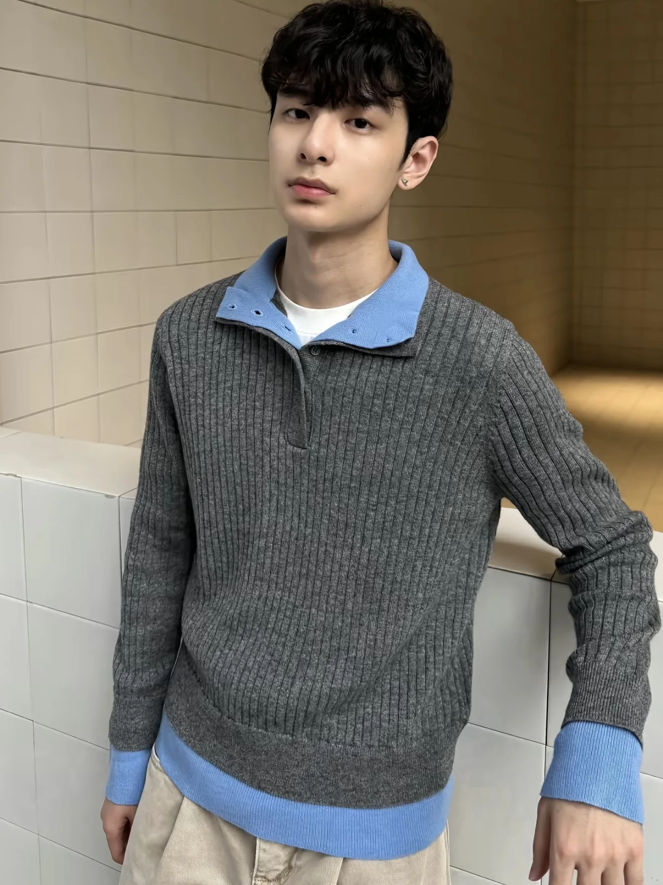 الأمريكية Sle اللون بلو محبوك سترة الرجال الخريف الشتاء كسول عادية تنوعا Knowl سترة طبقة مزدوجة طوق #1