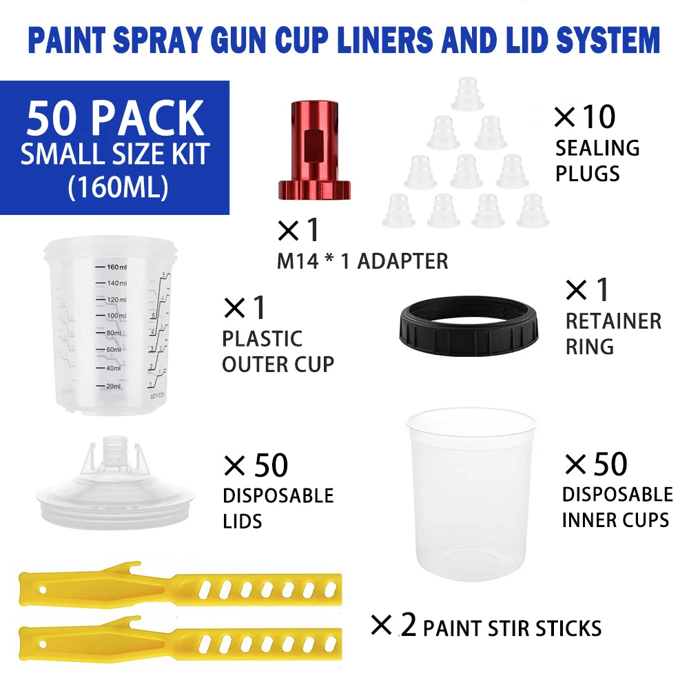 50 Stuks Wegwerp Spuitpistool Verf Mengbeker H/o Quick Cup Verfsysteem Airbrush Tank 160 Ml met M14 * 1 Adapter & Verf Roerstokjes