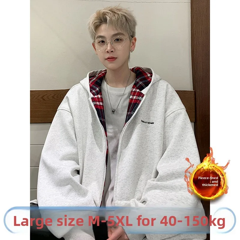 

Осенне-зимний мужской кардиган-свитшот большого размера в клетку с контрастными вставками, нейтральный повседневный утепленный худи-куртка