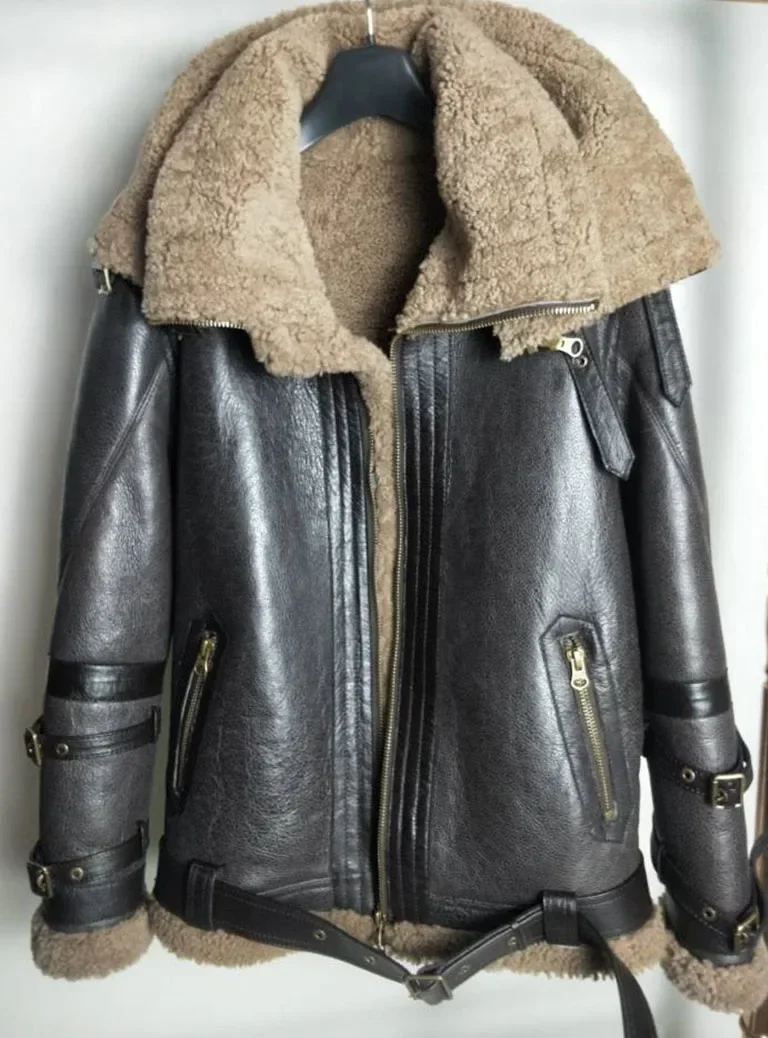 

High Quality Men Genuine Leather Coat Natural Shearing Sheepskin Jacket for Male Wool Liner Double Layer Collar Motor Pilot