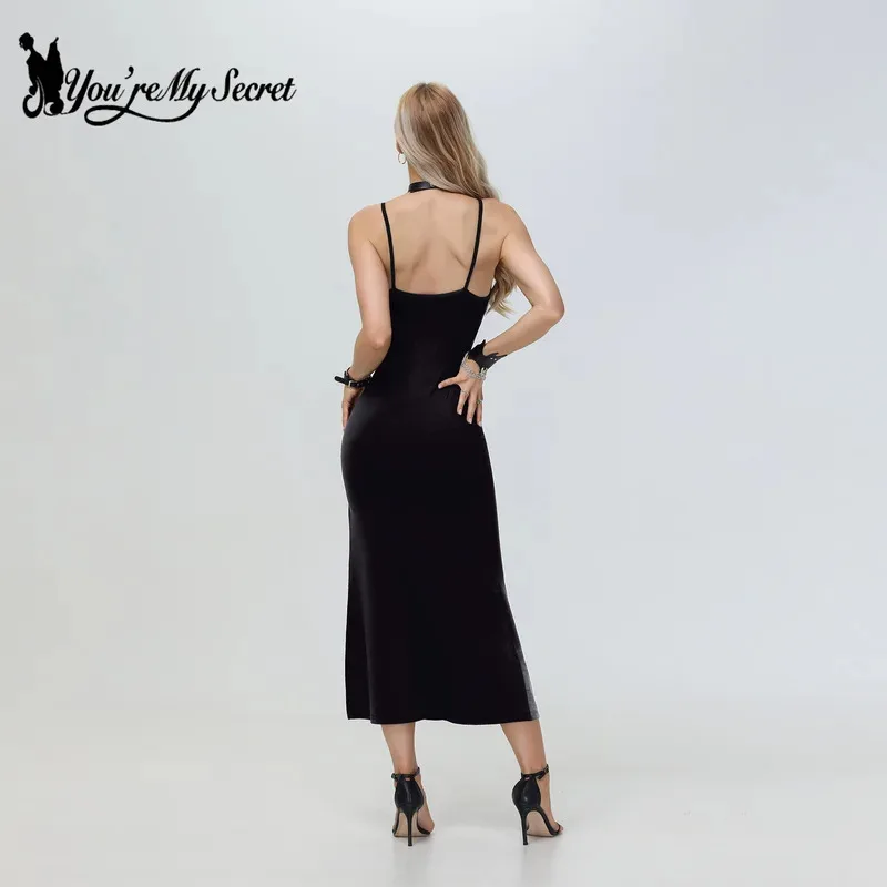 

2025 yiyi2025yiyiGothic Halloween Hrajuku Women Sleeveless Backless Black Split Bodycon Skeleton Printed Long Dress Party Robe
