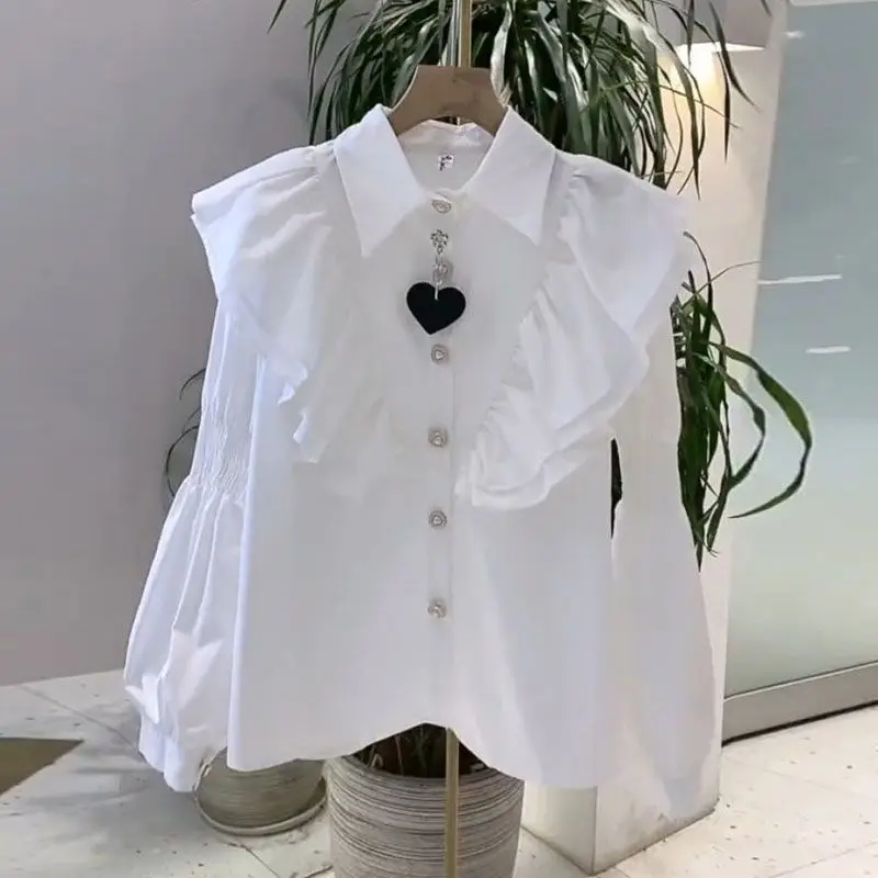 Elegant Solid Color Ruffles Spliced Blouse Sweet Female Clothing Commute Single-breasted Spring Autumn Polo-Neck Korean Shirt