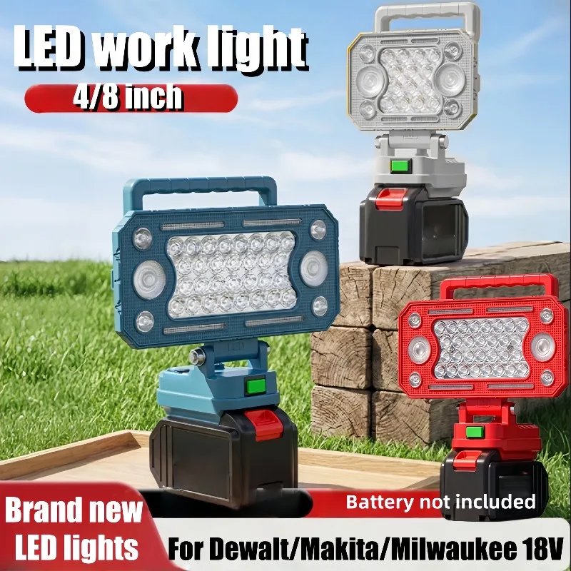 Portable LED lighting, suitable for Makita/Dewalt/Milwaukee 18V lithium battery, with dual USB ports, suitable for sites fishing