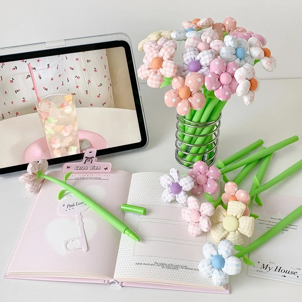 Cute Fabric Flower Decorative Flower Gel Pen Black Ink Replaceable Refill Ballpoint Pen 3D Floral Writing Pen Novelty Gift
