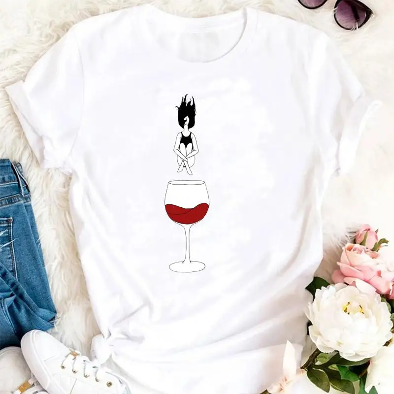 Women Summer Wine Funny Printed 90s Trend Style Cartoon Fashion Short Sleeve Clothes Stylish Top Lady Print 2025 T-Shirt