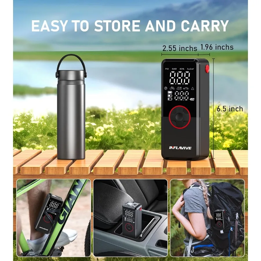 ปั๊มลมไฟฟ้าแบบพกพาไร้สายสำหรับจักรยาน 150PSI ปั๊มลมเร็วพร้อมไฟ LED แสดงแรงดันลมและโหมดปล่อยลม