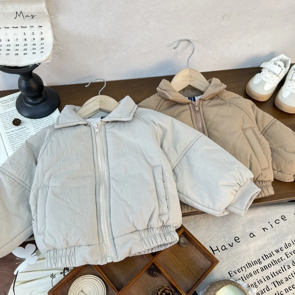 Korean Style Zipper Long Sleeve Warm Baby Coat Loose Solid Fashion Pocket Ins Apricot Winter Baby Jacket