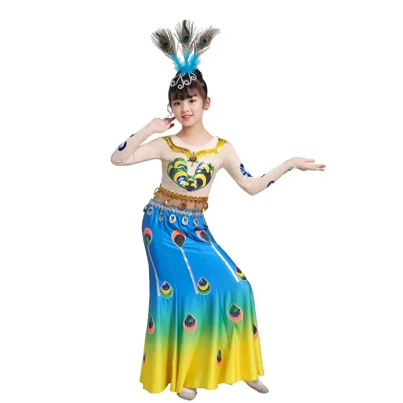 Costume de danse Dai national chinois pour enfants, queue de poisson, vêtements de danse de paon de minorité, vêtements de scène folkloriques féminins