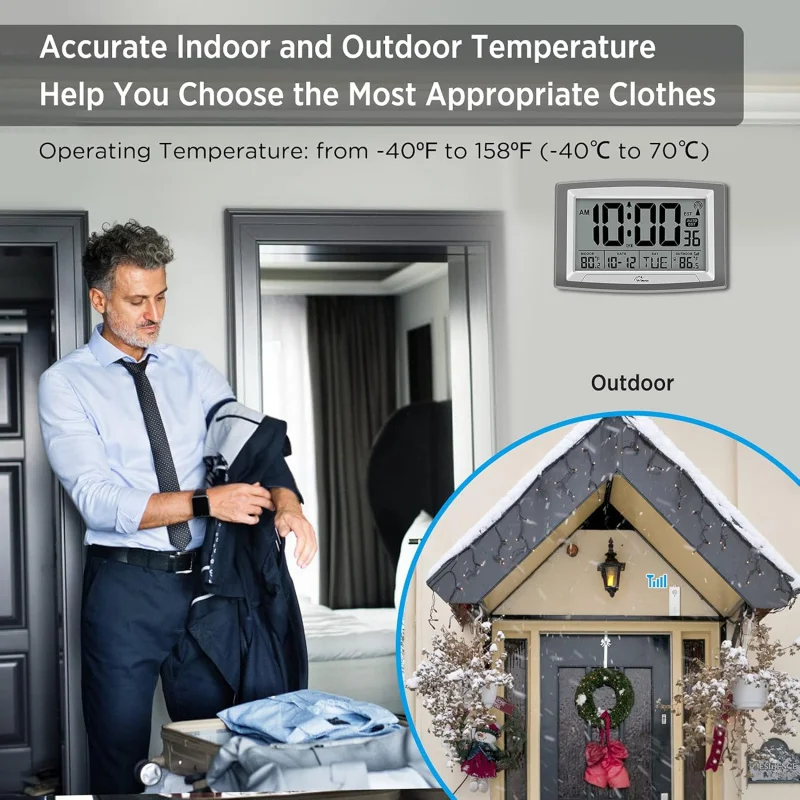 Atomic Clock with Outdoor and Indoor Temperature Self-Setting Digital Clock Large Display.