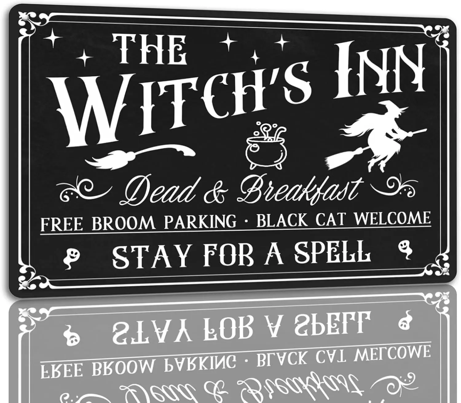 Letrero Metálico de Halloween The Witch's Inn, Decoración Otoñal con Diseño de Bruja, Fantasma y Calabaza, Decoración de Pared para Hogar, Cocina, Cafetería