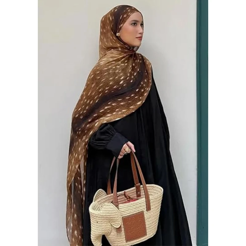 Bohemian Deer Print Hijabs Women Watercolour Shawl Soft Muslim Hijabs Modal Cotton Lightweight Wrap Autumn Headscarf Ramanda 2