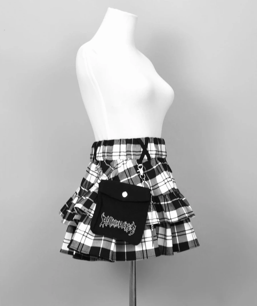 Spring and Autumn Harajuku Japanese College Punk High Waist Skirt for Women Chain Decorative Ruffled Casual Ladies Mini Skirt