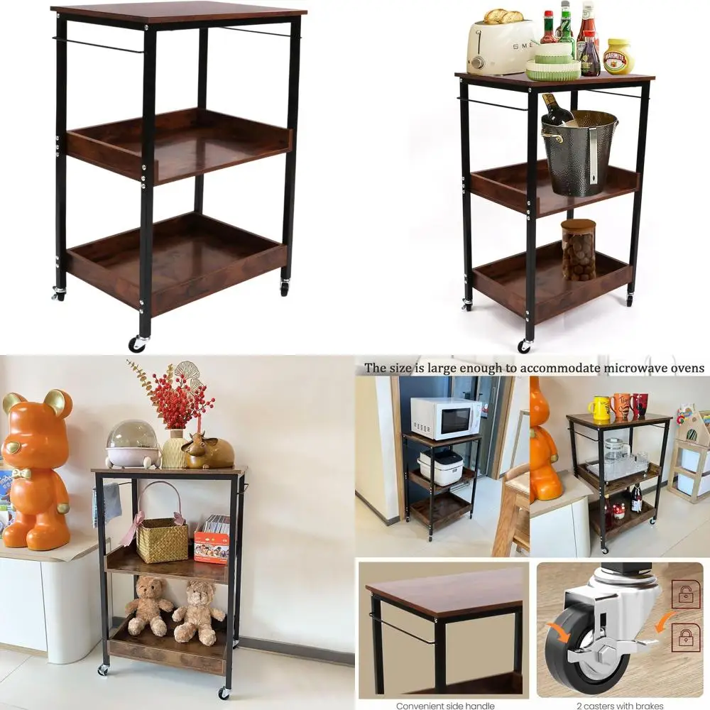Brown 3-Tier Wooden Rolling Utility Cart with Table Top, Kitchen Storage, and Mesh Shelves for Living Room, Kitchen, and Office