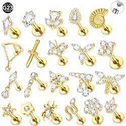 1pc Titanium Star Flower Tragus Piercing Flat Back Cubic Zirconia Stud Earrings Helix Cartilage Labret Piercings Jewelry
