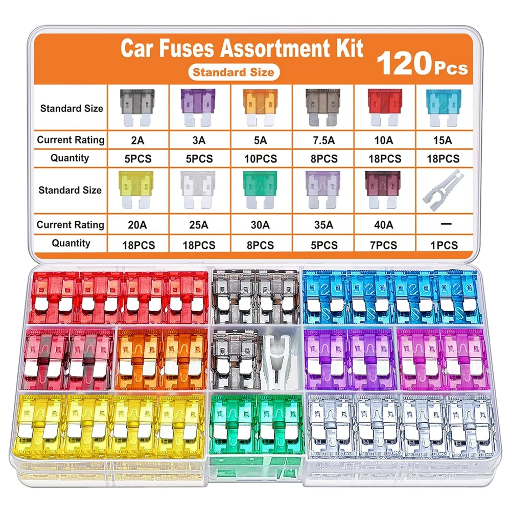 

120Pcs Standard Fuse Kit,Blade Fuses ATO ATC (2Amp 3A 5A 7.5A 10A 15A 20A 25A 30A 35A 40A) for Truck Motorcycle with Puller