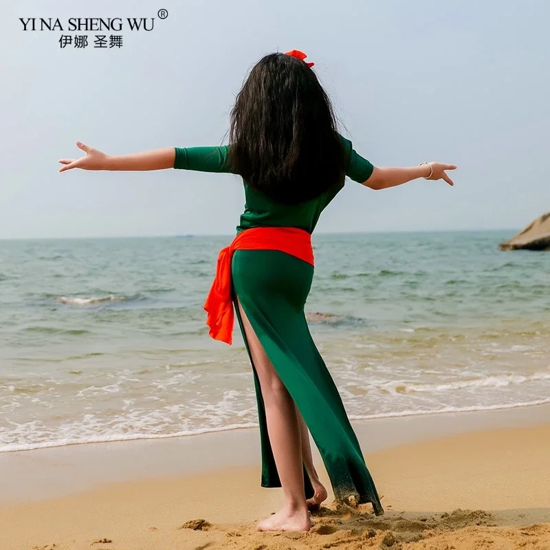 أطفال فتاة ملابس رقص البطن رداء + وشاح + حزام + سراويل داخلية 4 قطعة مجموعة الرقص الشرقي فستان طويل المنافسة دعوى أداء ارتداء #5