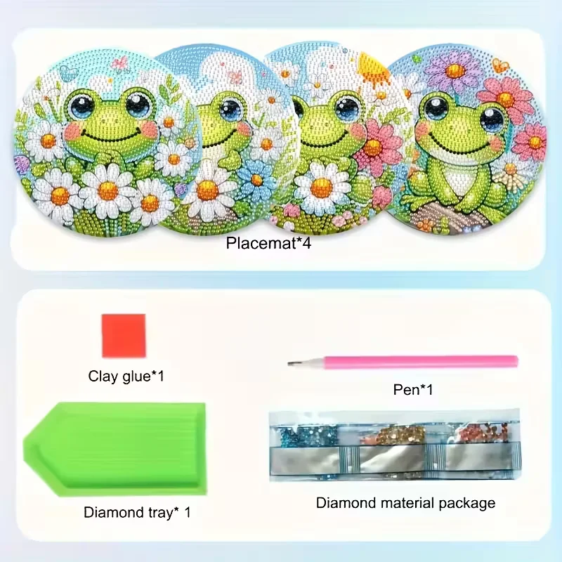 4-Piece Frog Patterned Wooden Diamond Dining Mat Set, DIY Crystal Diamond Art Insulated Table Mat, Mosaic Handmade Set, Without