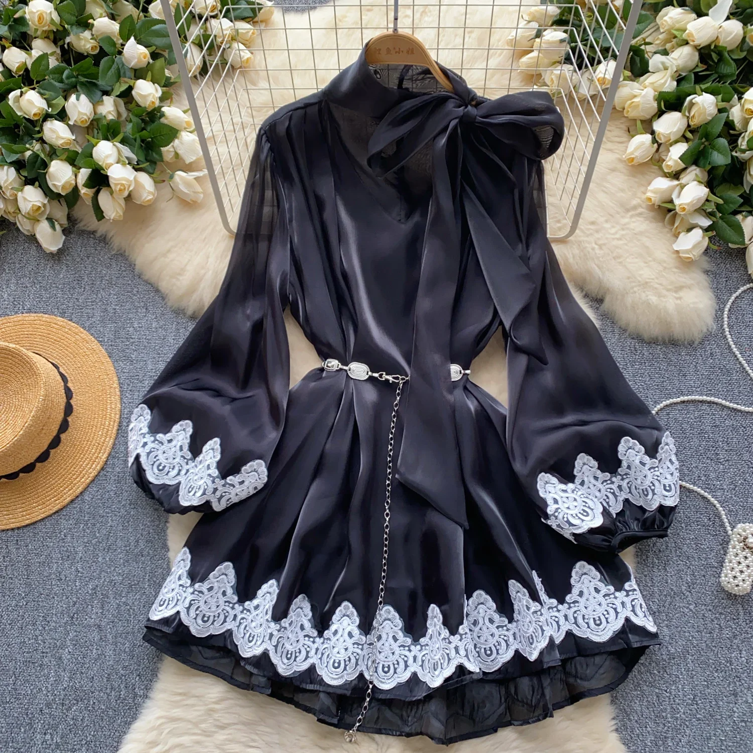 Women Chic Elegant Bow lace-up v neck Lantern Sleeve pleated  Dress Sexy Fashion Slim A-line dresses