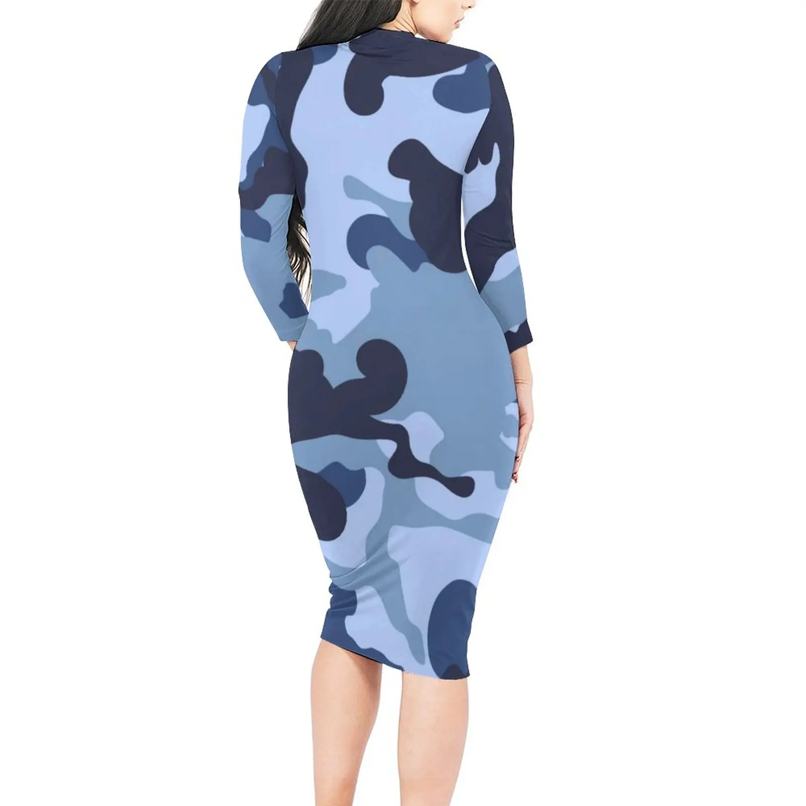 Blue Camo Dress Ladies Military Camouflage Print Street Fashion Bodycon Dress Spring Long Sleeve Club Dresses Graphic Clothing