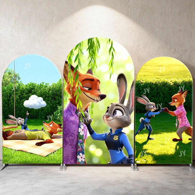 

Zootopia Judy & Nick Arch Backdrop Cover Spring Garden Scene Cute Cartoon Decor for Birthday and Baby Shower Photo Booth