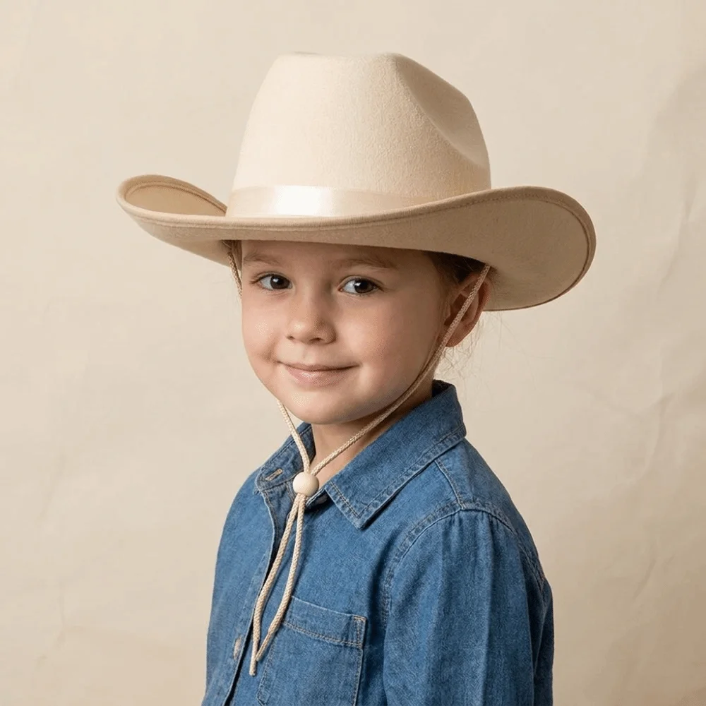 Solid Color Kids Cowboy Hat Wide Brim Felt Western Cowboy Hat with Adjustable Chin Strap Ethnic Style Jazz Hat Disco Party