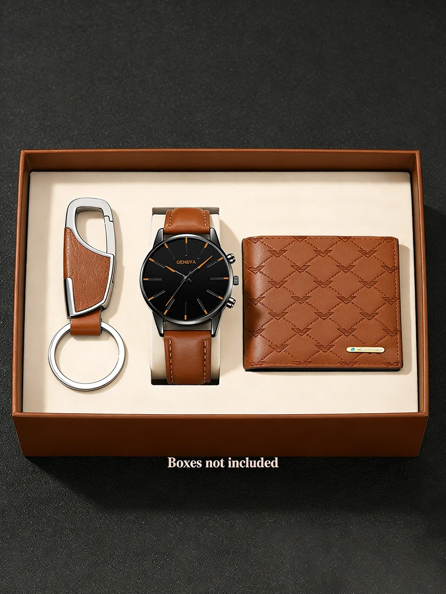 Men's Casual Fashion PU Leather Quartz Watch Set with Wallet Keychain - Business Accessories Gift Without Box