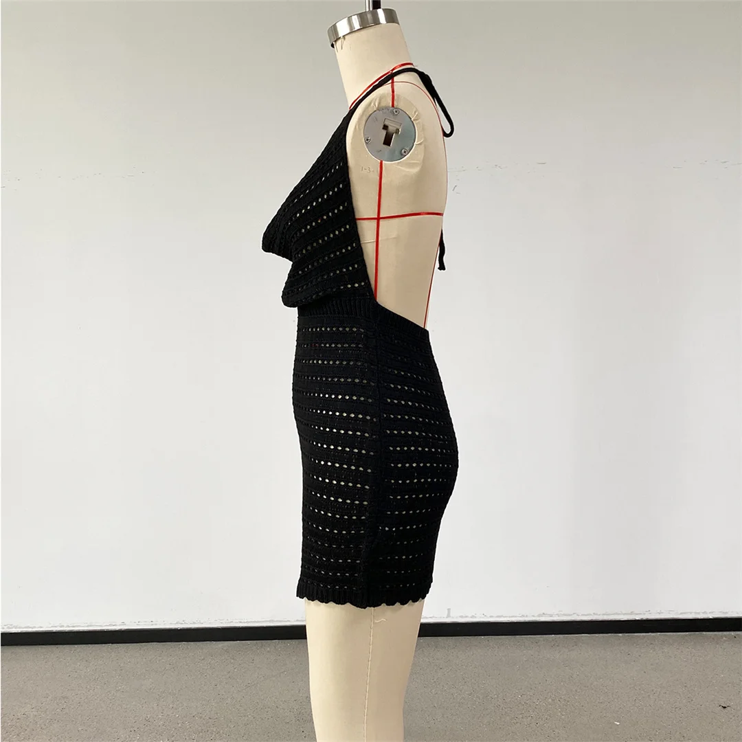 V-Ausschnitt, halterneck, rückenfrei, einfarbig, gehäkelt, gestrickt, Tunika, Strand-Überwurf, Strandkleid, Strandmode, Damen, V8374 – Detail 15